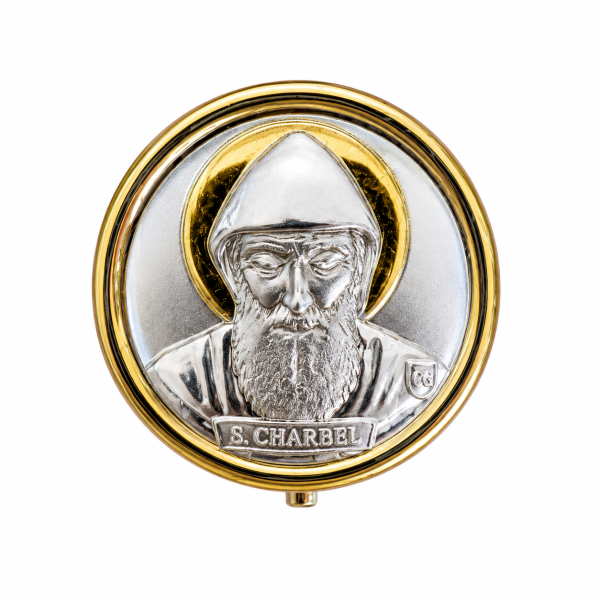 Boite en métal ronde avec portrait de Saint Charbel doré