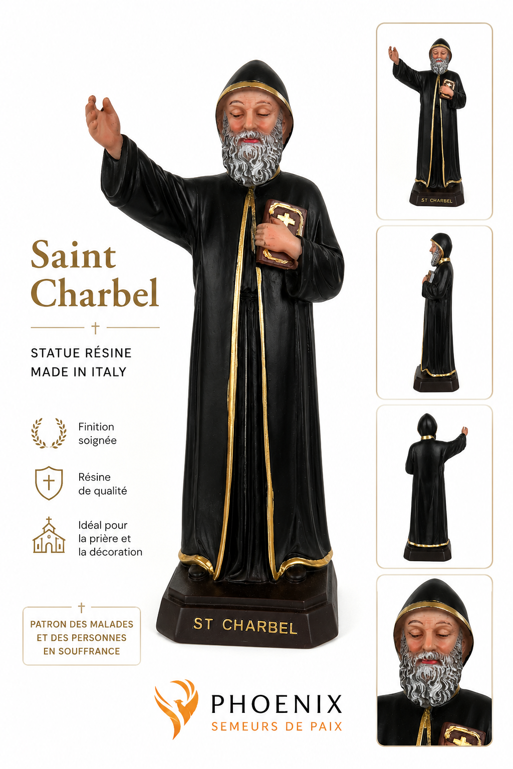 Statue de Saint Charbel noir et blanc - 21 cm – Image 2